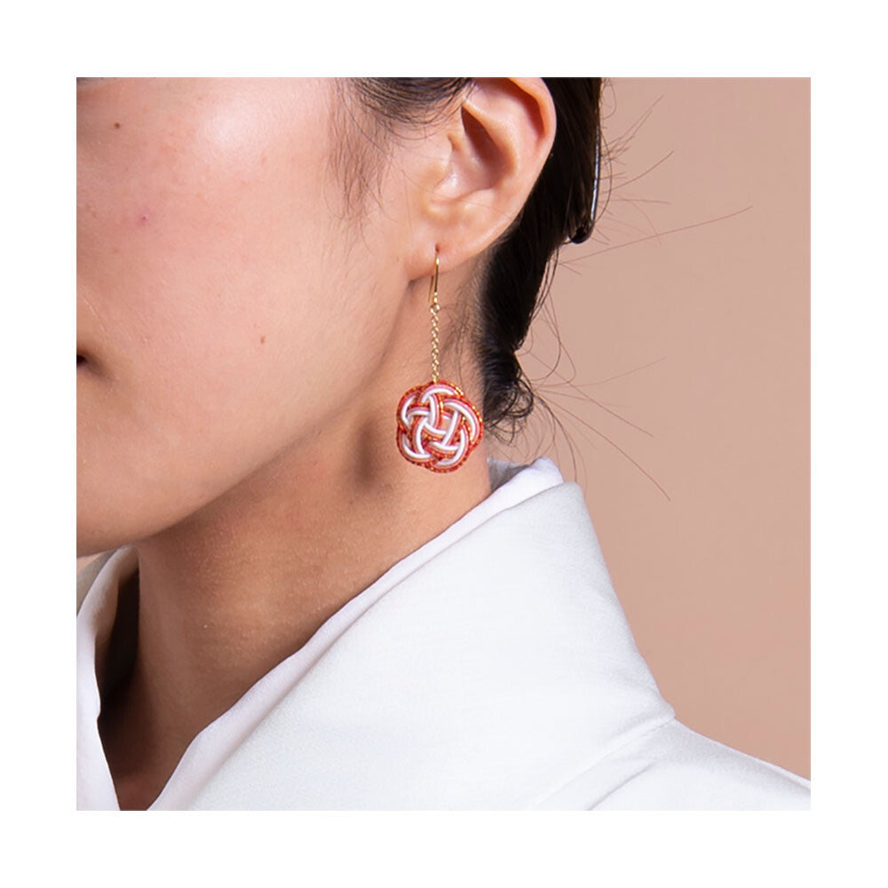 Japanese Mizuhiki Earrings - Ume Musubi Pattern - Red, White & Gold