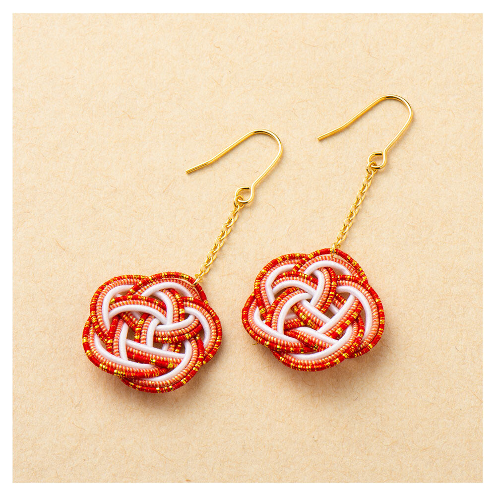 Japanese Mizuhiki Earrings - Ume Musubi Pattern - Red, White & Gold