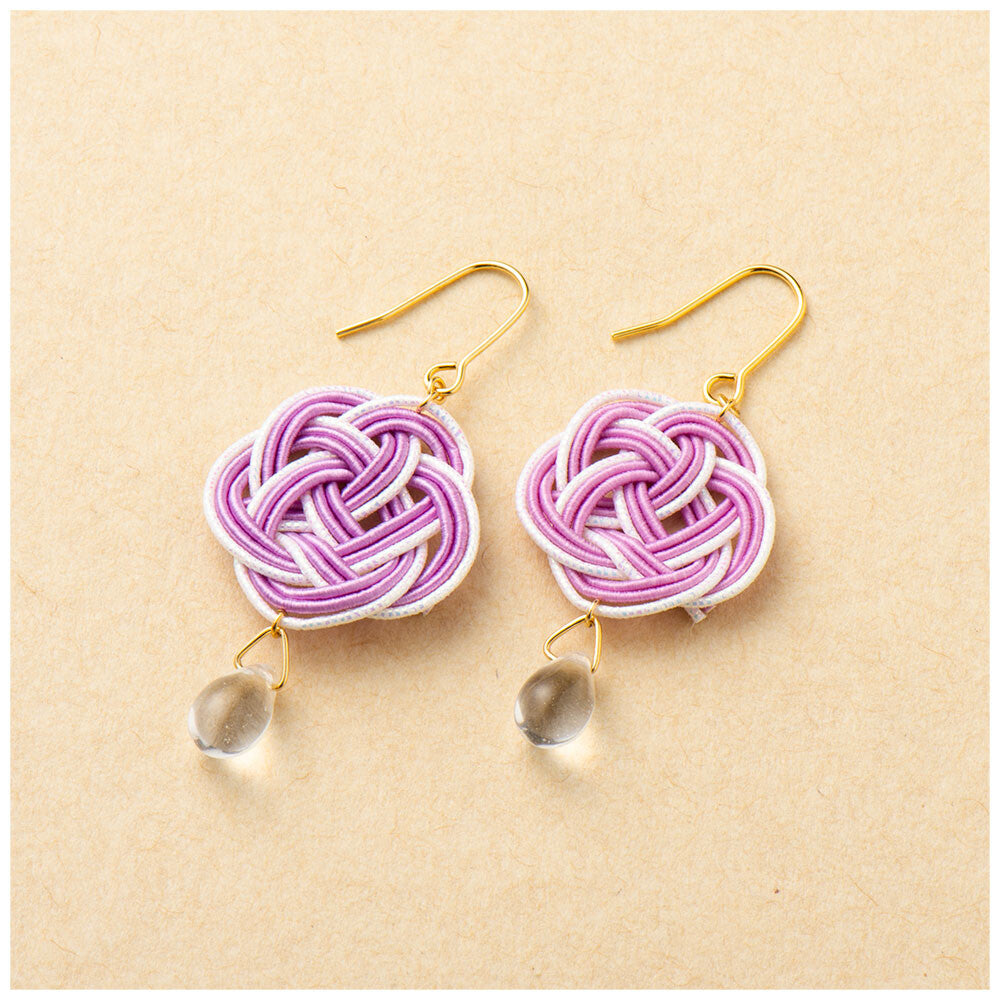Japanese Mizuhiki Earrings With Waterdrop - Ume Musubi Pattern - Wisteria