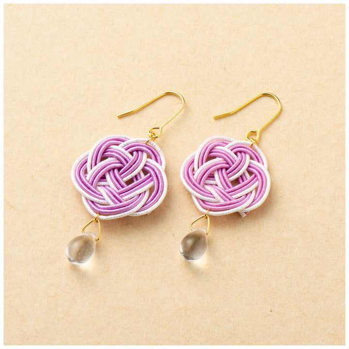 Japanese Mizuhiki Earrings With Waterdrop - Ume Musubi Pattern - Wisteria