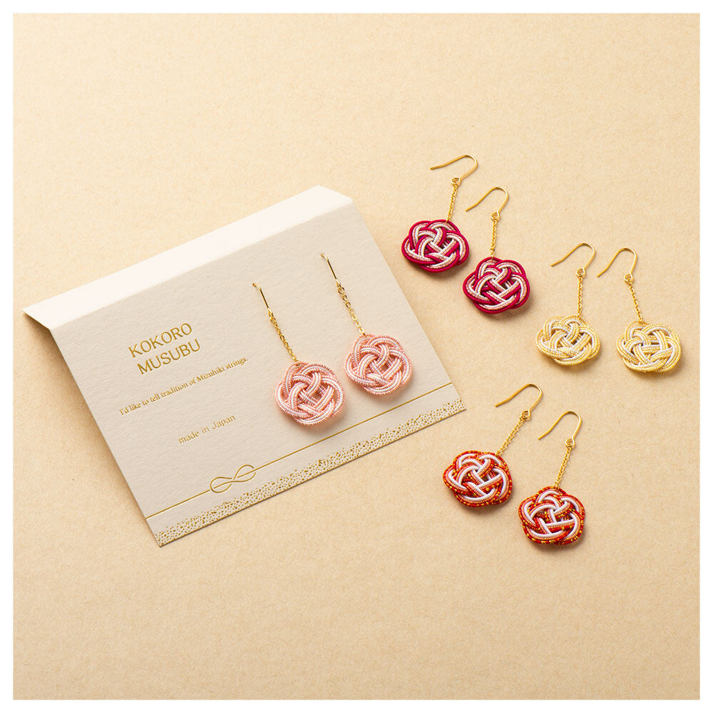 Japanese Mizuhiki Earrings - Ume Musubi Pattern - Red, White & Gold