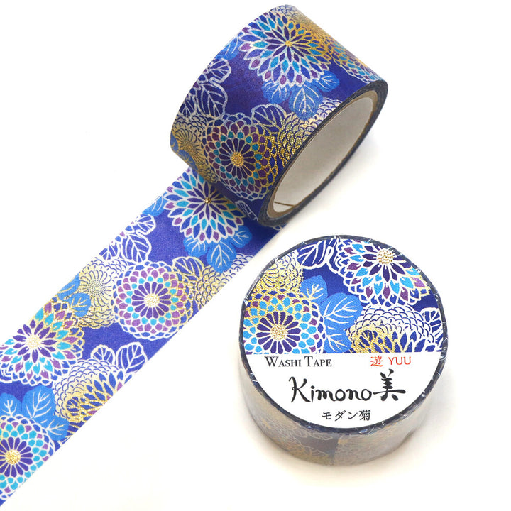 Kamiiso Yuzen Washi Tape - Kimono "Yuu" Series - Blue Chrysanthemum