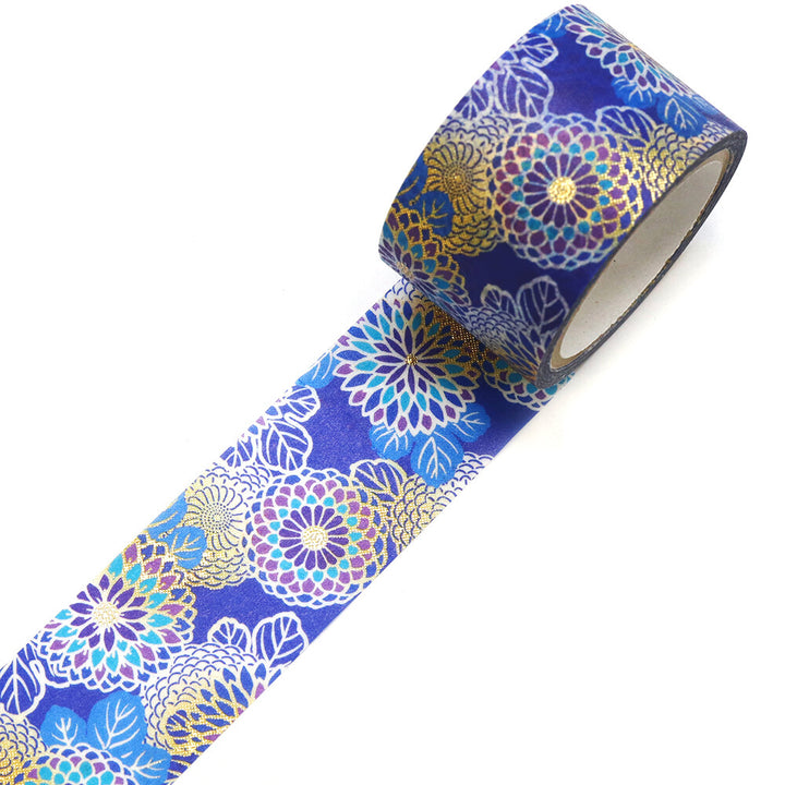 Kamiiso Yuzen Washi Tape - Kimono "Yuu" Series - Blue Chrysanthemum