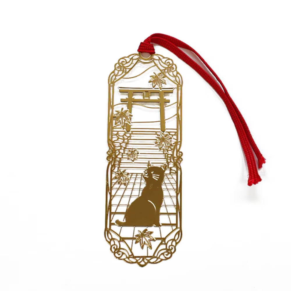 Japanese Golden Bookmark - Cat with Torii Gate