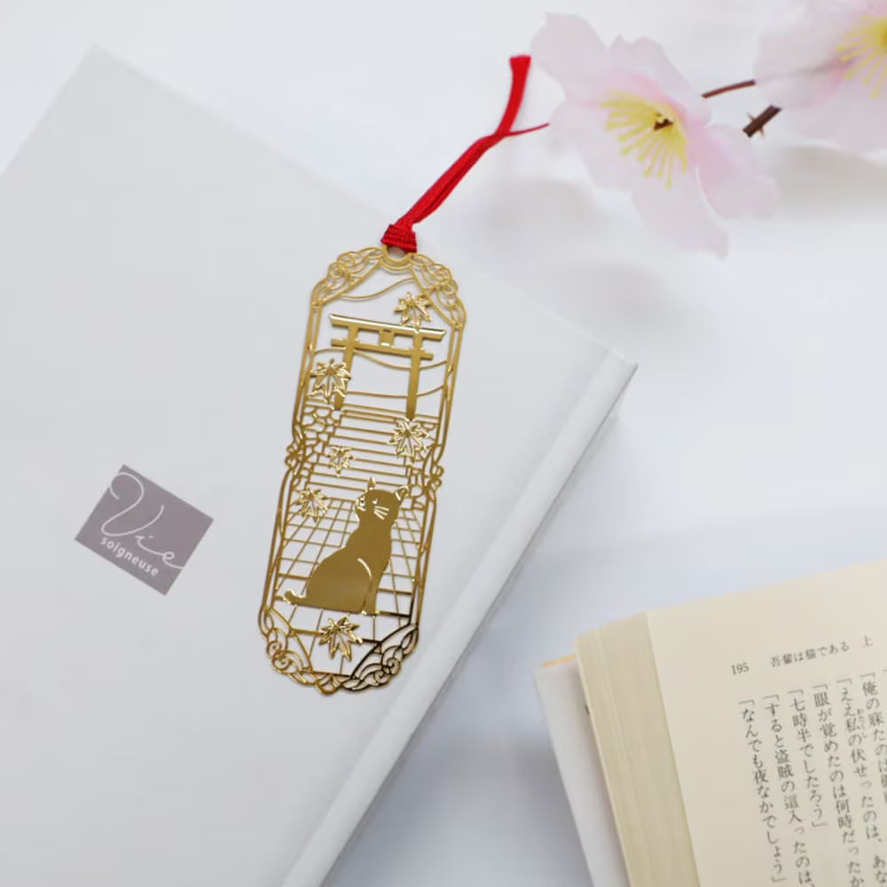 Japanese Golden Bookmark - Cat with Torii Gate