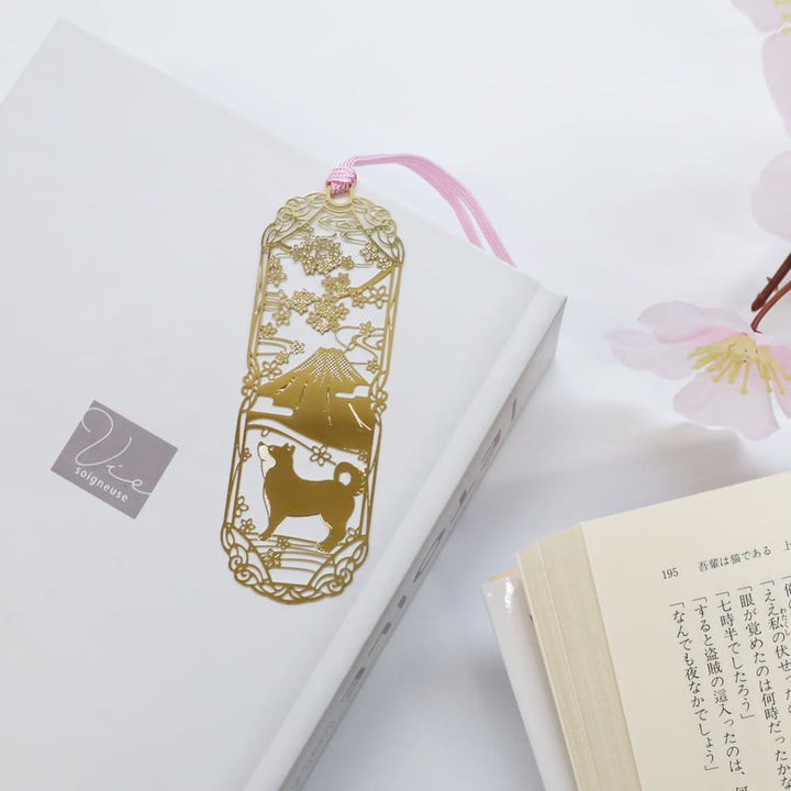 Japanese Golden Bookmark - Shiba Inu, Mt. Fuji & Sakura