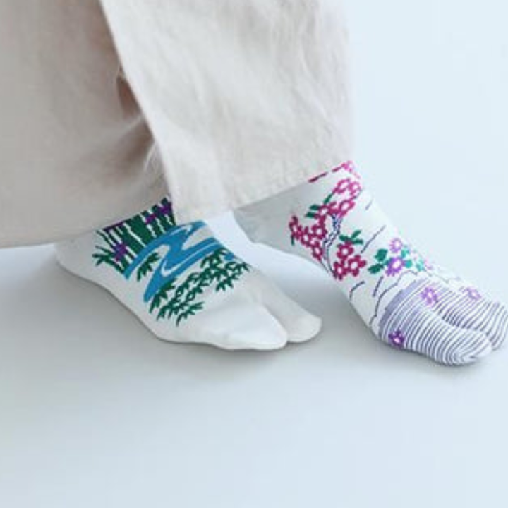 SOU.SOU Kyoto Tabi Low Cut Socks - Split Toe Design - "Cool" Floral Pattern (Size UK 4-6.5)