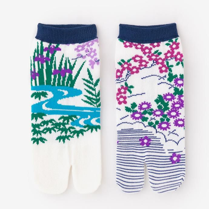 SOU.SOU Kyoto Tabi Low Cut Socks - Split Toe Design - "Cool" Floral Pattern (Size UK 4-6.5)