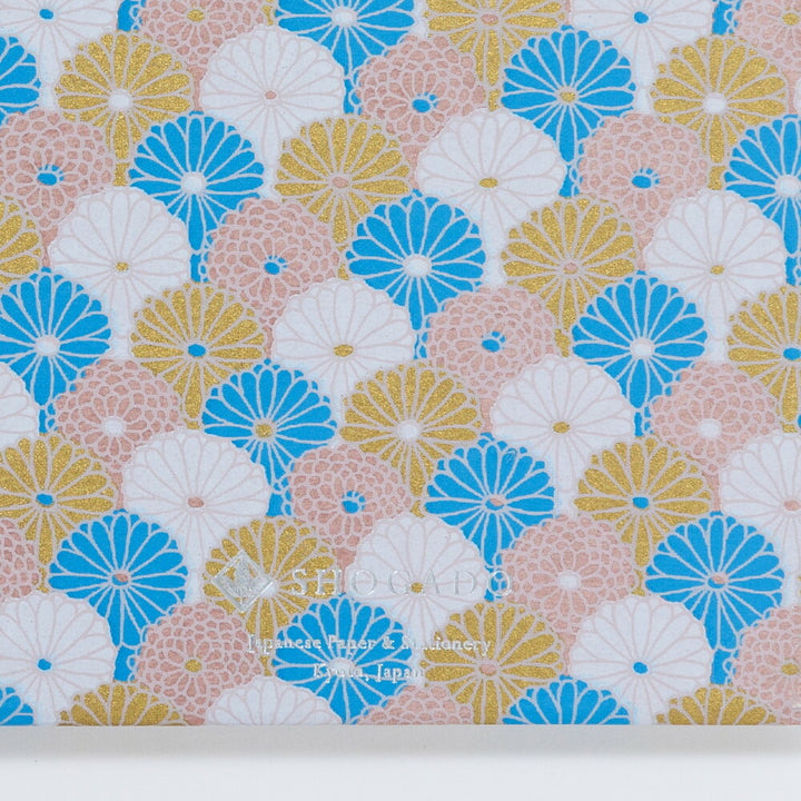 Shogado Yuzen Folding Stampbook - Shuincho Tone Series - Blue & Gold Chrysanthemum #3