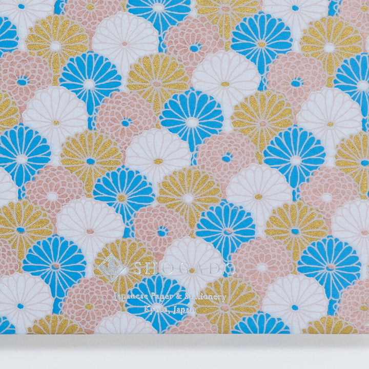 Shogado Yuzen Folding Goshuin Stampbook - Shuincho Tone Series - Blue & Gold Chrysanthemum #3