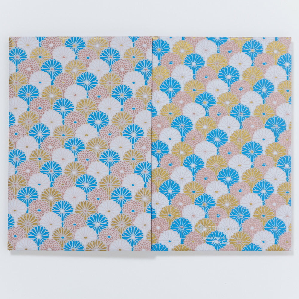 Shogado Yuzen Folding Goshuin Stampbook - Shuincho Tone Series - Blue & Gold Chrysanthemum #3