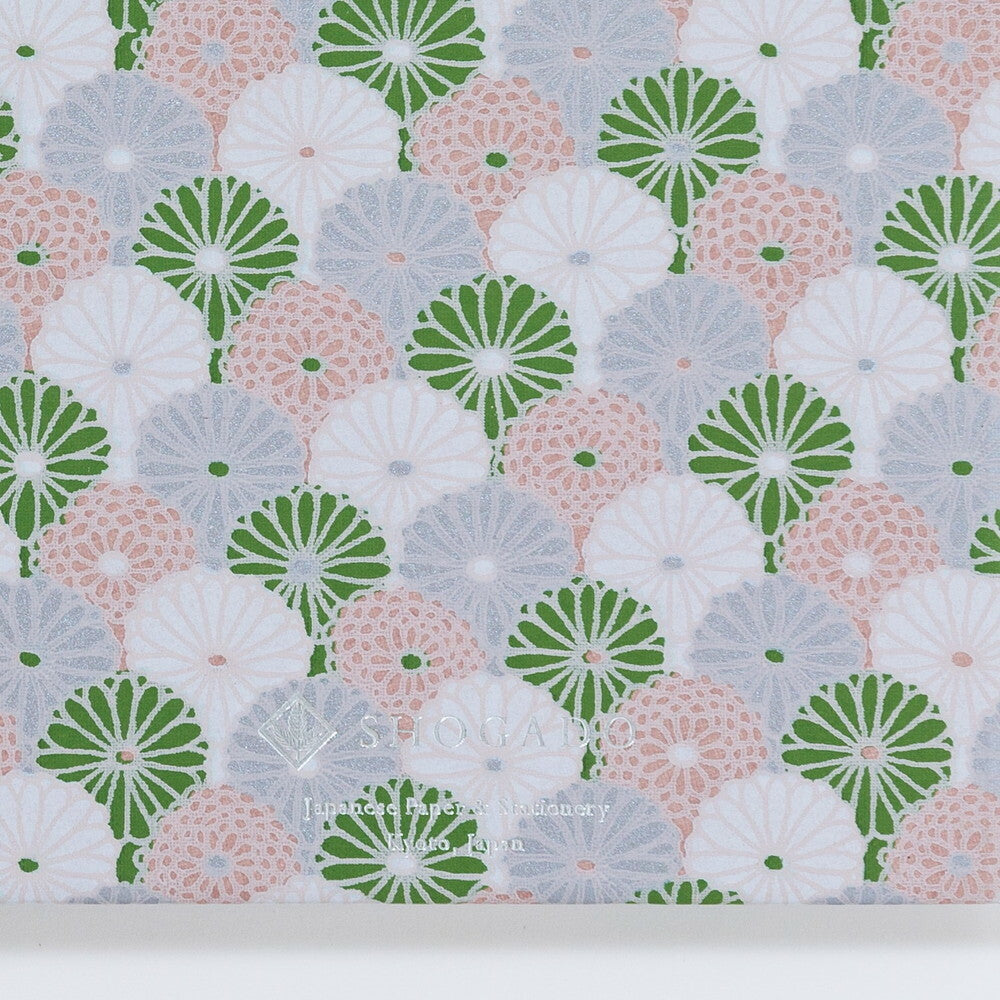 Shogado Yuzen Folding Stampbook - Shuincho Tone Series - Green & White Chrysanthemum #4