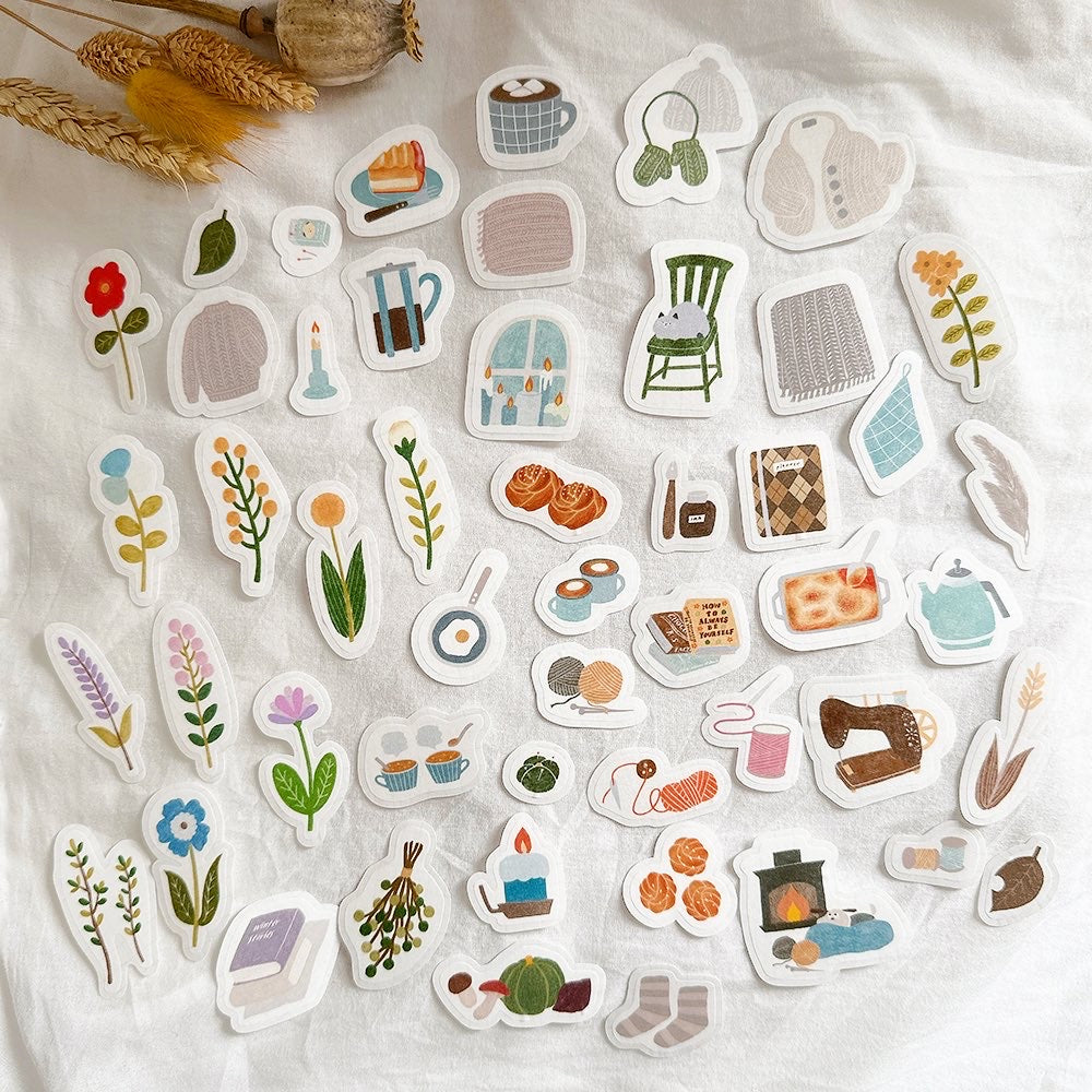 Yuka Butter Washi Flake Stickers - "Cozy Weekend" (50 Piece Set)