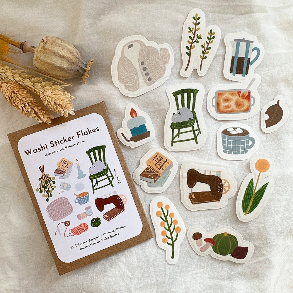 Yuka Butter Washi Flake Stickers - "Cozy Weekend" (50 Piece Set)