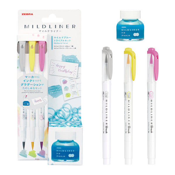 Zebra Mildliner-No-Moto Brush Pen Set - Mild Blue