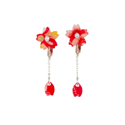 Japanese Fabric Sakura Flower Resin Earrings - Red