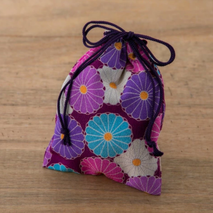 Noren Chirimen Fabric Drawstring Pouch - "Kiku" Chrysanthemum - Purple