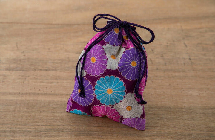 Noren Chirimen Fabric Drawstring Pouch - "Kiku" Chrysanthemum - Purple
