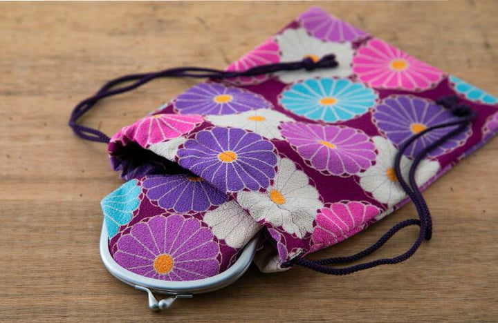 Noren Chirimen Fabric Drawstring Pouch - "Kiku" Chrysanthemum - Pink