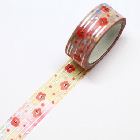 Kamiiso SAIEN Washi Tapes - Gold with Red Flowers  (Made in Japan)