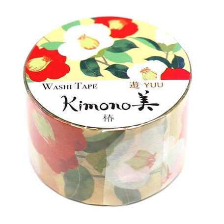 Products Kamiiso Yuzen Washi Tape - Kimono "Yuu" Series - Camellia Flower (Made in Japan)