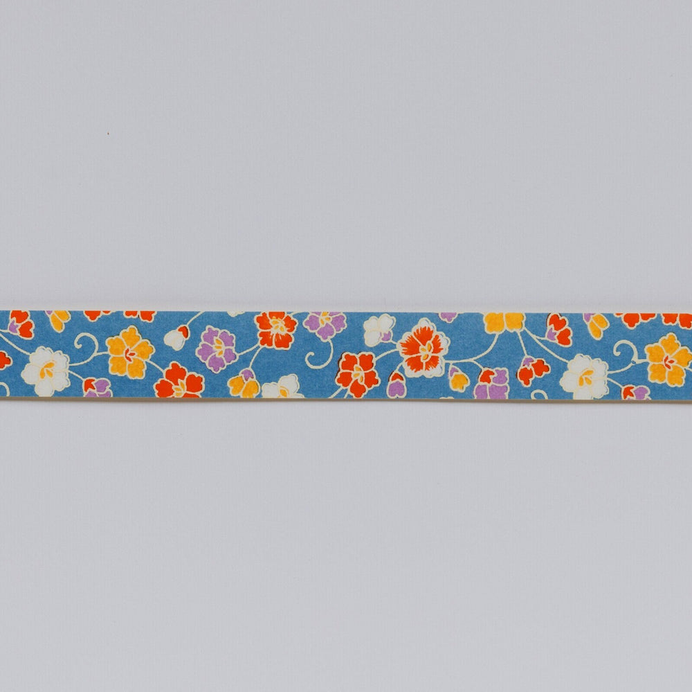 Yuzen Washi Tape - Blue with Flowers #43 (Made in Kyoto, Japan)