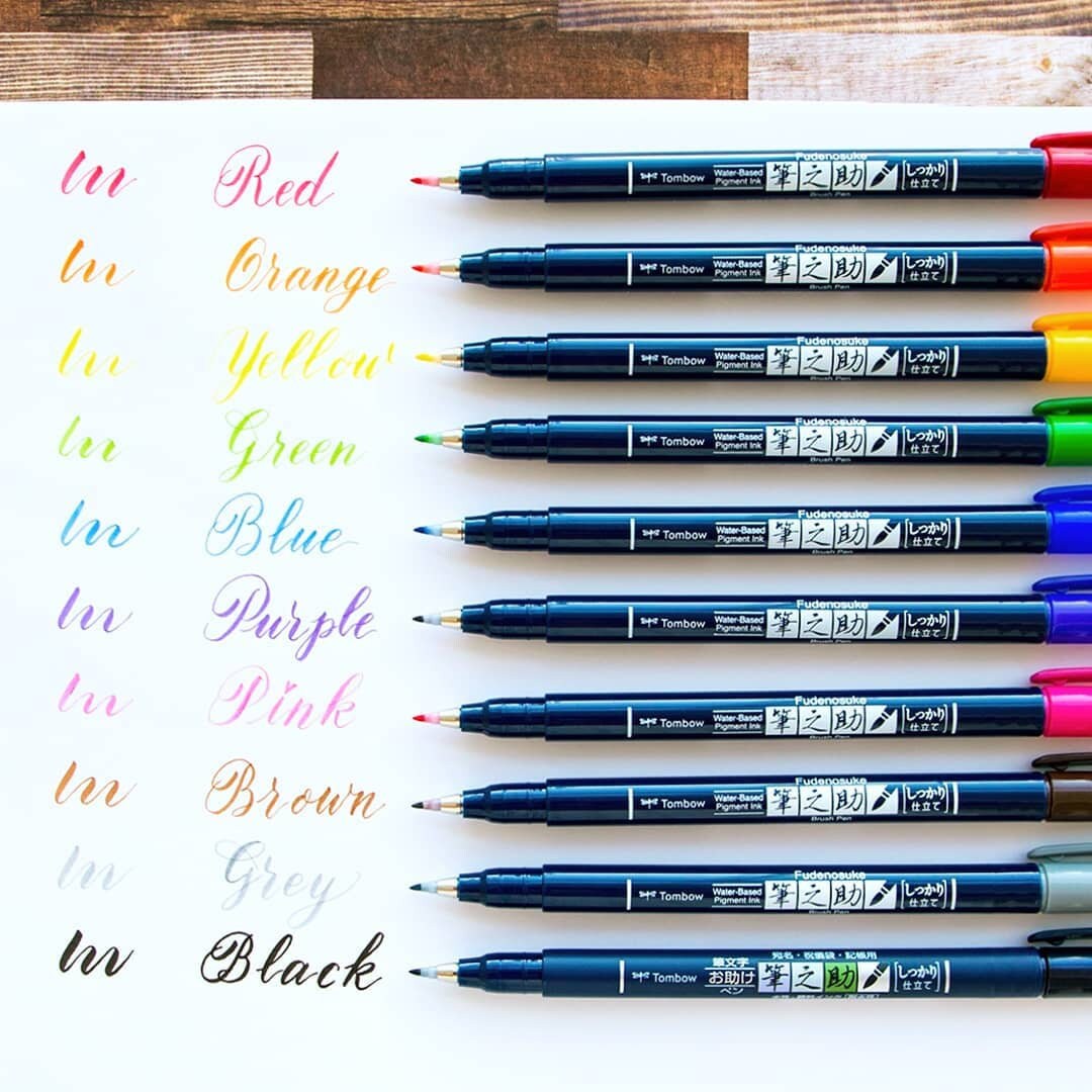 Tombow Fudenosuke Brush Pen Set - 10 Colours - Hard Tip - Calligraphy.