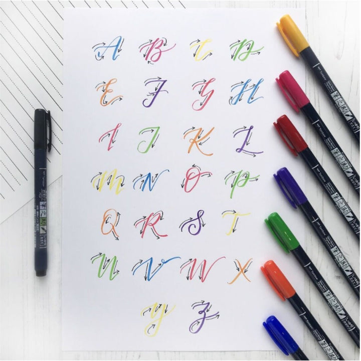 Tombow Fudenosuke Brush Pen Set - 10 Colours - Hard Tip - Calligraphy.