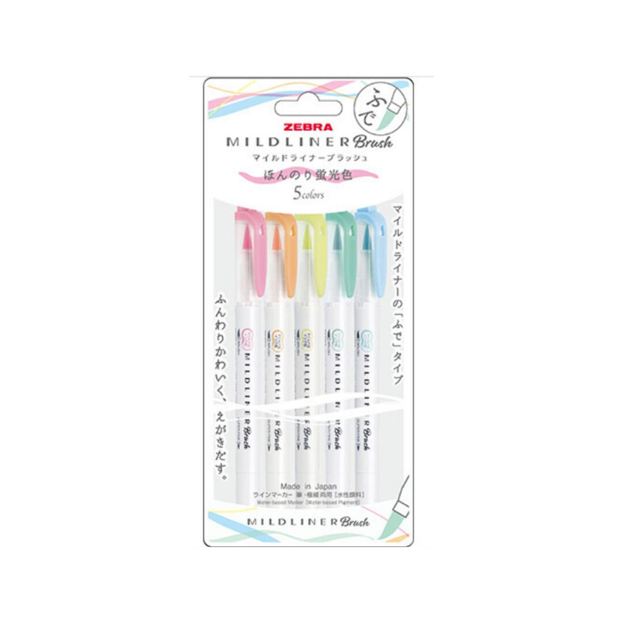 Zebra Mildliner Brush Pen - Set of 5 Colours - Mild Fluorescent